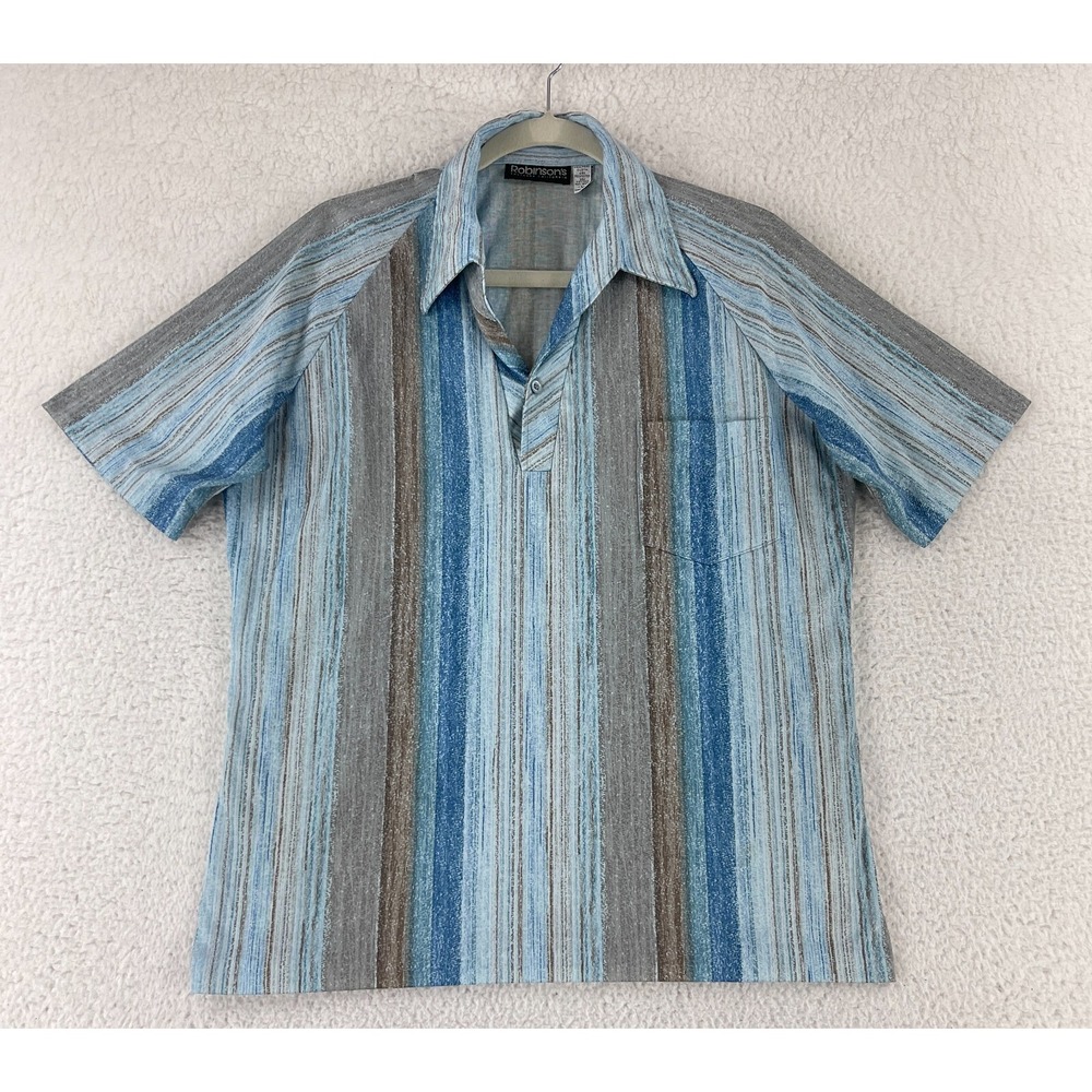 Robinson's Southern California Blue Stripe‎ Shirt Mens VTG Split Neck USA Large